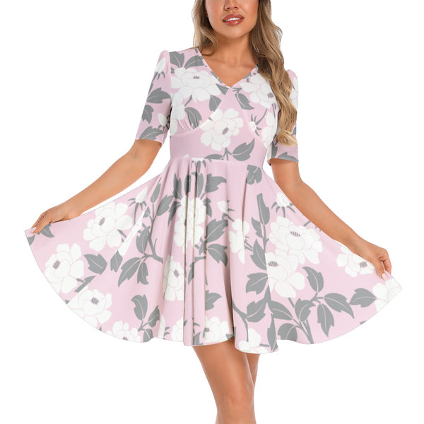 Floral Mist Short Sleeve Ruched Bust Flared Hem Dress - Objet D'Art