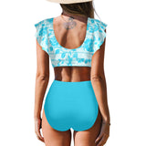 light blue bikini bottom print solid Women's Ruffle Sleeve Bikini Swimsuit (Model S42) - Objet D'Art