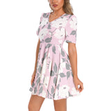 Floral Mist Short Sleeve Ruched Bust Flared Hem Dress - Objet D'Art