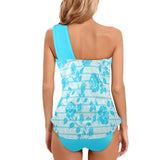 greek roses in blue print Women's One Shoulder Backless Swimsuit (Model S44) - Objet D'Art
