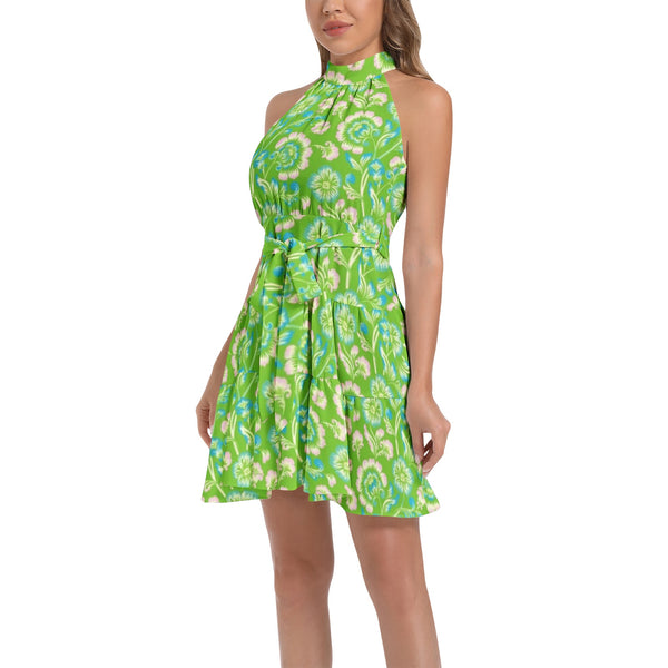 Ruffle Hem Belted Halter Dress - Objet D'Art