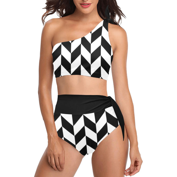 black solid print skirt High Waisted One Shoulder Bikini Set (Model S16) - Objet D'Art
