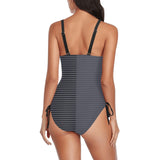 horizontal striped black gray print Drawstring Side One-Piece Swimsuit (Model S14) - Objet D'Art