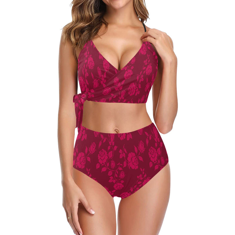 FB Roses in shades of burgundy print Knot Side Bikini Swimsuit (Model S37) - Objet D'Art