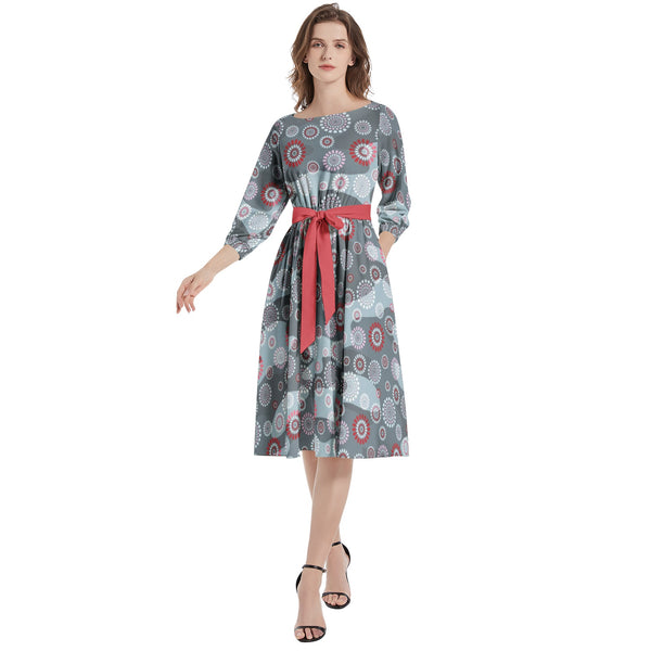 Boat Neck Belted Flared Dress - Objet D'Art