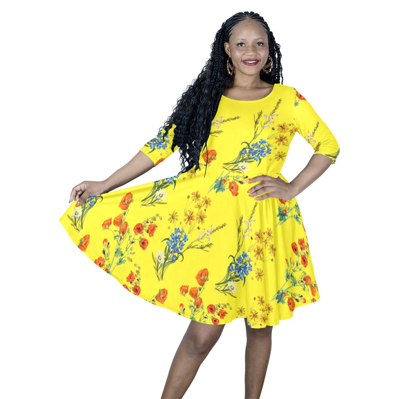 yelllow wildflowr africa Half Sleeve Skater Dress (Model D61) - Objet D'Art