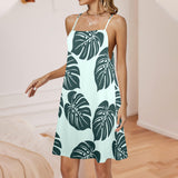 dark green light green background print Drawstring Neck Sleeveless Dress (Model D68) - Objet D'Art