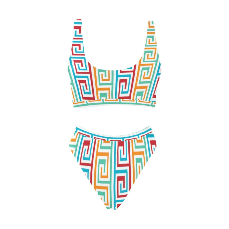 greek key print 2 A C Sport Top & High-Waisted Bikini Swimsuit (Model S07) - Objet D'Art