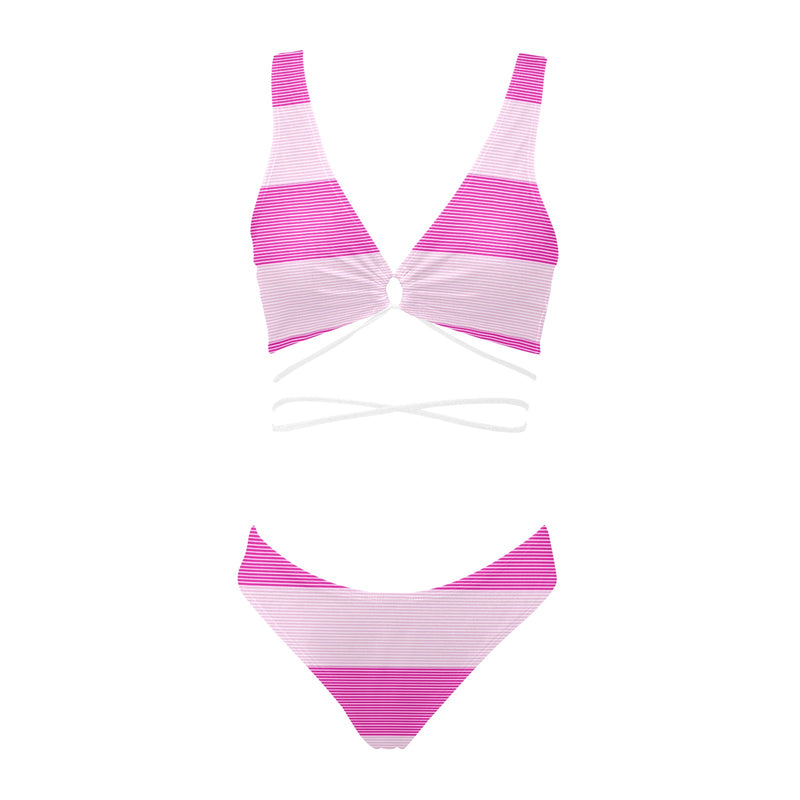 fuchsia microstripe pink print Cross String Bikini Set (Model S29) - Objet D'Art