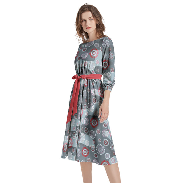 Boat Neck Belted Flared Dress - Objet D'Art