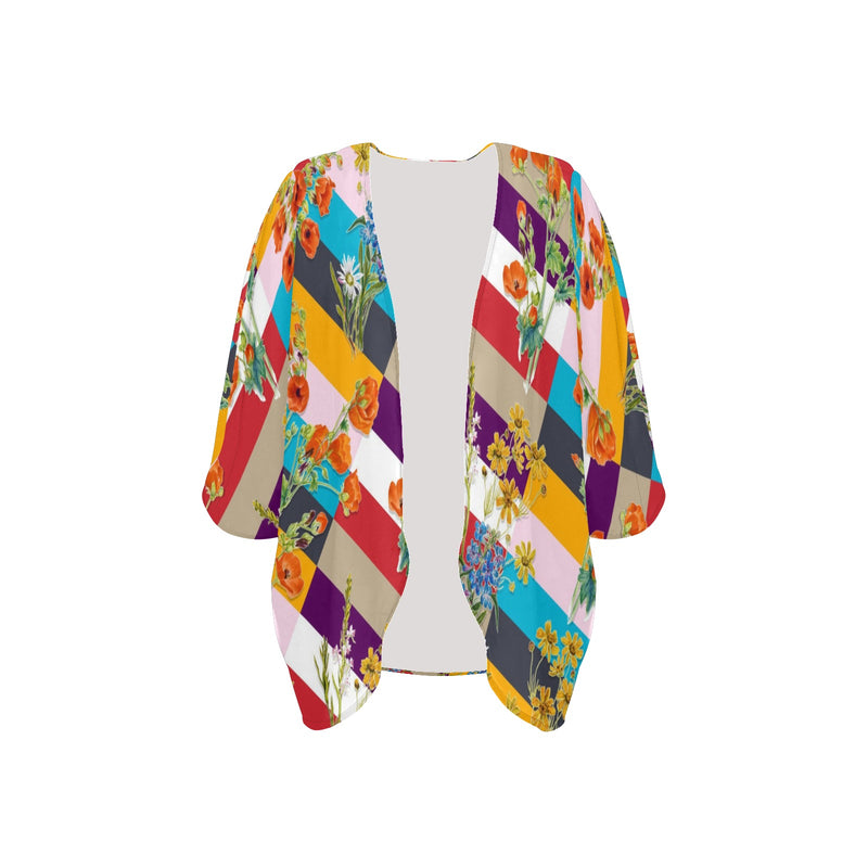 floral striped swimwear Women's Kimono Chiffon Cover Up (Model H51) - Objet D'Art