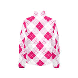 Innuendos of Pink Argyle Women's Stand Collar Padded Jacket - Objet D'Art