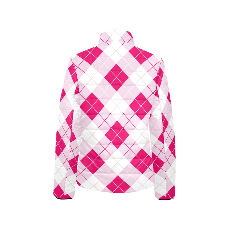 Innuendos of Pink Argyle Women's Stand Collar Padded Jacket - Objet D'Art