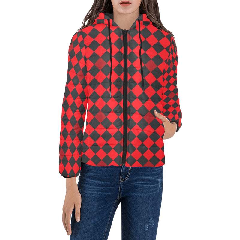 red black diamond print 2 Women's Padded Hooded Jacket (Model H46) - Objet D'Art
