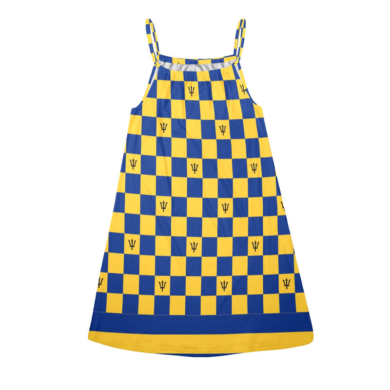 barbados striped checkered trident Drawstring Neck Sleeveless Dress (Model D68) - Objet D'Art
