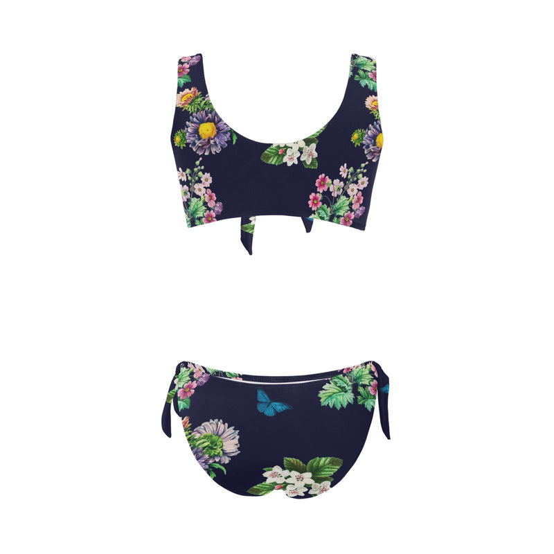 floral dark blue print 2 Bow Tie Front Bikini Swimsuit (Model S38) - Objet D'Art