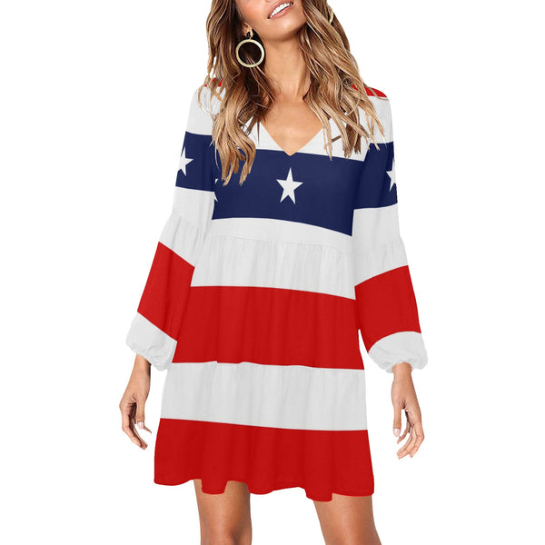 red white blue star and stripes print V-Neck Loose Fit Dress (Model D62) - Objet D'Art