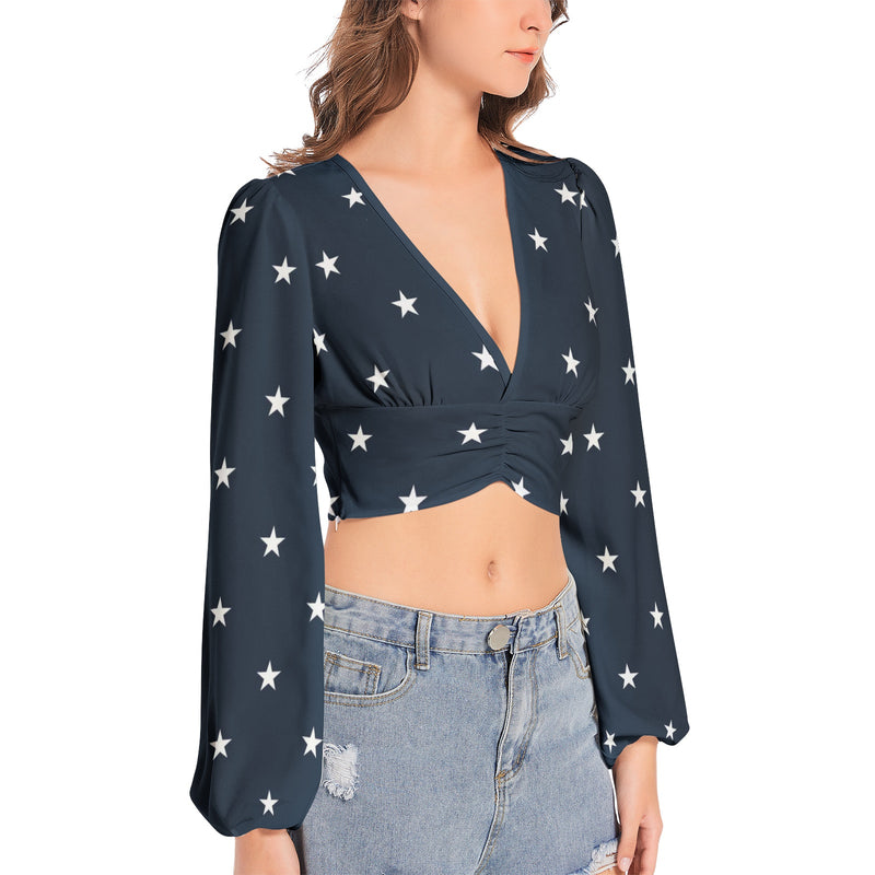 All Stars Women's Deep V-Neck Lantern Sleeve Crop Top - Objet D'Art