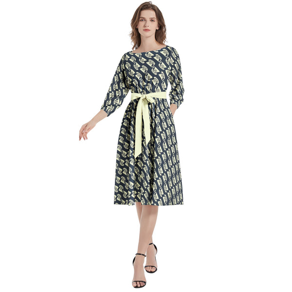 Boat Neck Belted Flared Dress - Objet D'Art