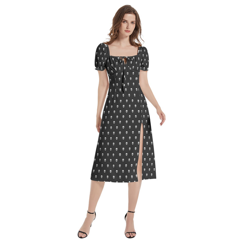 Skull Polka Dot Puff Sleeve Split Thigh Midi Dress - Objet D'Art