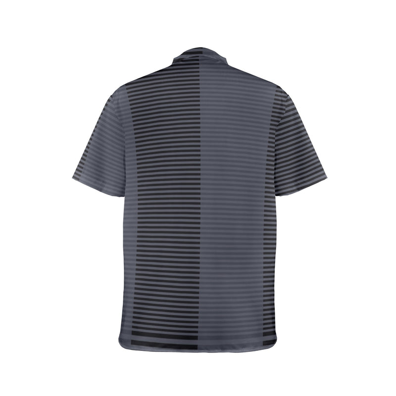 horizontal striped black gray print Men's Stand-Up Collar Short Sleeve Shirt - Objet D'Art