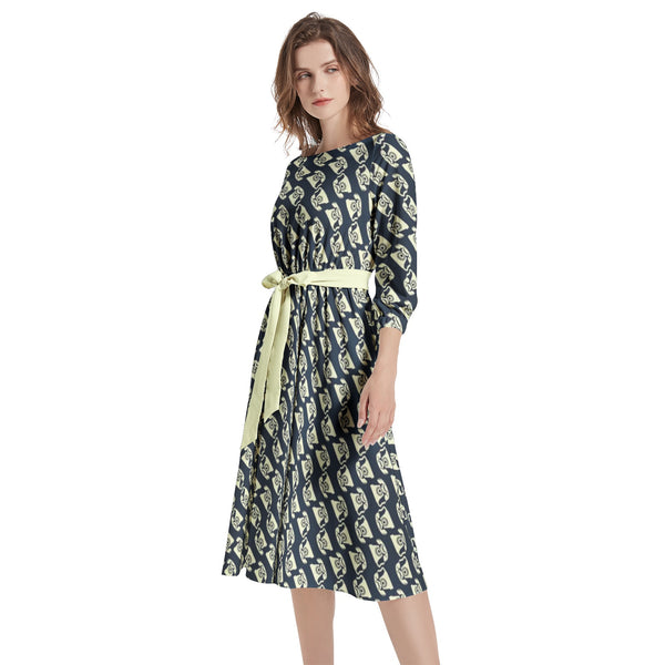 Boat Neck Belted Flared Dress - Objet D'Art