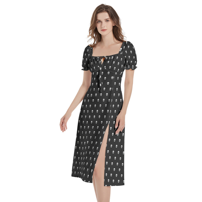 Skull Polka Dot Puff Sleeve Split Thigh Midi Dress - Objet D'Art