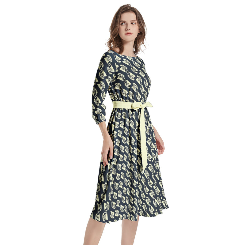 Boat Neck Belted Flared Dress - Objet D'Art