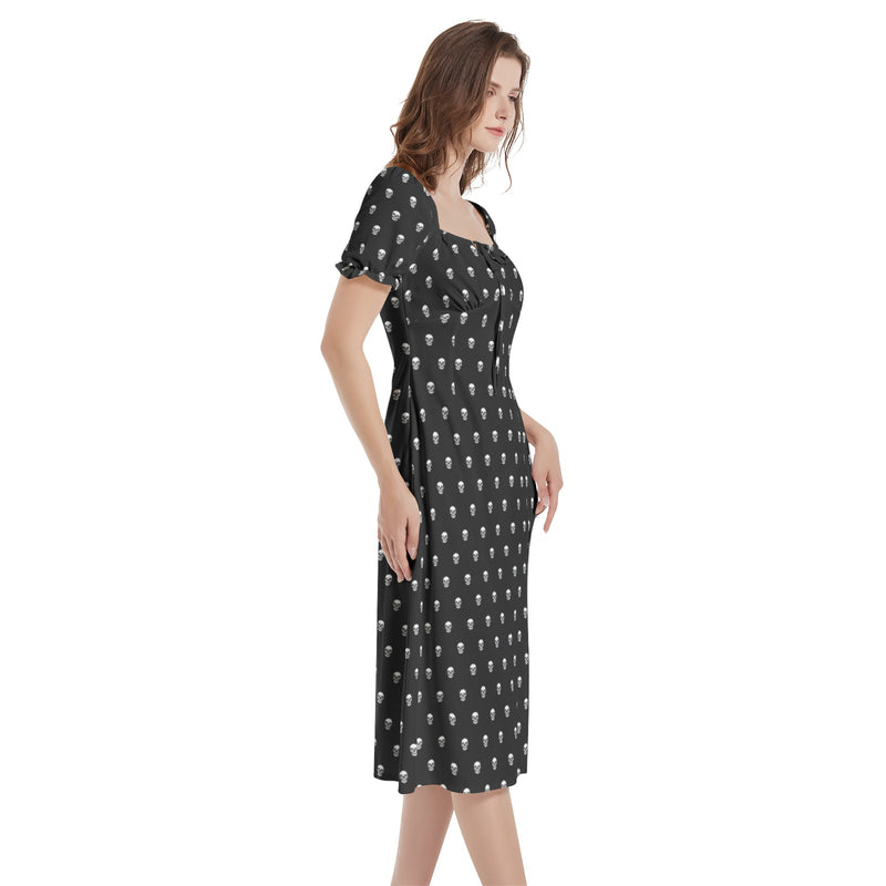 Skull Polka Dot Puff Sleeve Split Thigh Midi Dress - Objet D'Art