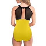 yellow print 2 Women's High Neck Plunge Mesh Ruched Swimsuit (S43) - Objet D'Art