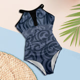scroll blue print Women's High Neck Plunge Mesh Ruched Swimsuit (S43) - Objet D'Art