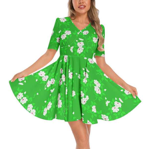 Floral Meadow Short Sleeve Ruched Bust Flared Hem Dress - Objet D'Art
