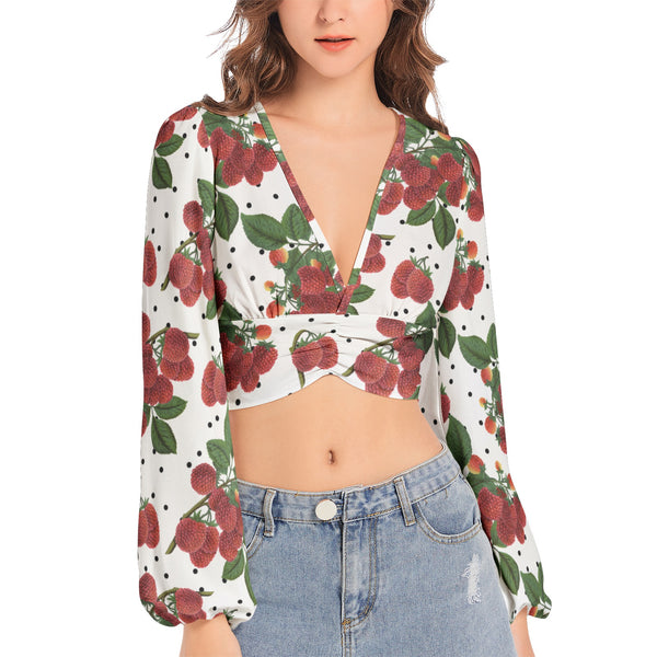 Colossal Raspberry Parfait Women's Deep V-Neck Lantern Sleeve Crop Top - Objet D'Art