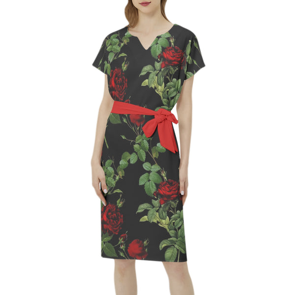 Rose Print Batwing Sleeve Notch Neck Casual Dress with Belt - Objet D'Art