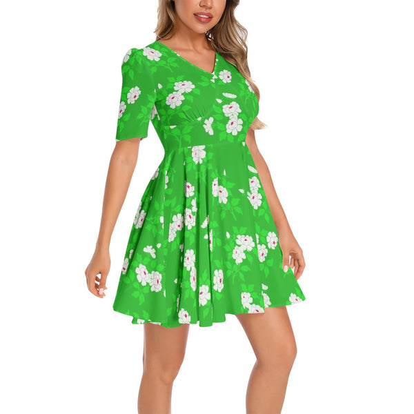Floral Meadow Short Sleeve Ruched Bust Flared Hem Dress - Objet D'Art