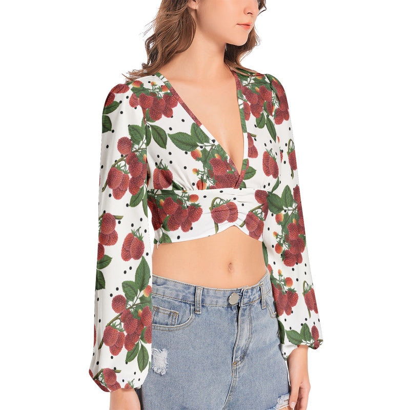 Colossal Raspberry Parfait Women's Deep V-Neck Lantern Sleeve Crop Top - Objet D'Art