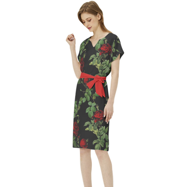 Rose Print Batwing Sleeve Notch Neck Casual Dress with Belt - Objet D'Art