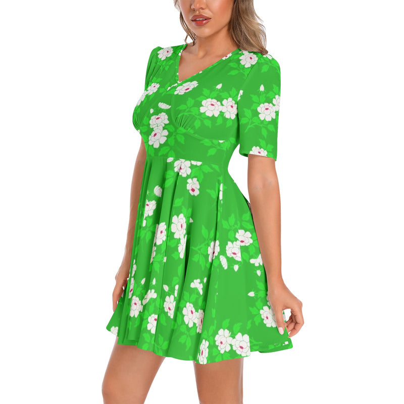 Floral Meadow Short Sleeve Ruched Bust Flared Hem Dress - Objet D'Art