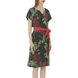Rose Print Batwing Sleeve Notch Neck Casual Dress with Belt - Objet D'Art
