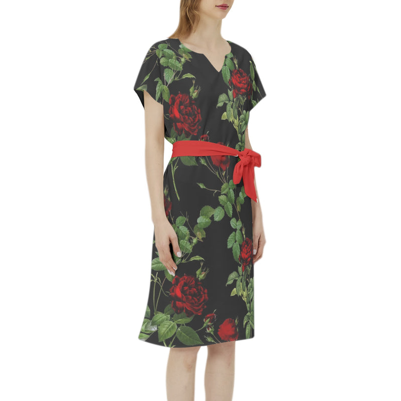 Rose Print Batwing Sleeve Notch Neck Casual Dress with Belt - Objet D'Art