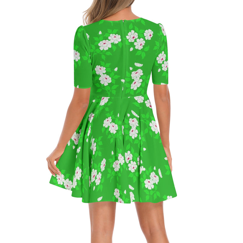 Floral Meadow Short Sleeve Ruched Bust Flared Hem Dress - Objet D'Art