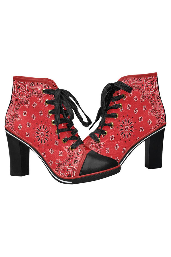 Classic Red Bandanna Print Women's Lace Up Chunky Heel Ankle Booties - Objet D'Art