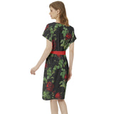 Rose Print Batwing Sleeve Notch Neck Casual Dress with Belt - Objet D'Art