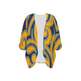 scroll turmeric blue stroke print Women's Kimono Chiffon Cover Up (Model H51) - Objet D'Art
