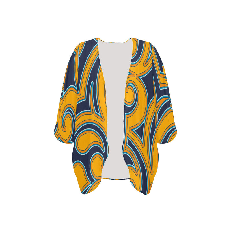 scroll turmeric blue stroke print Women's Kimono Chiffon Cover Up (Model H51) - Objet D'Art