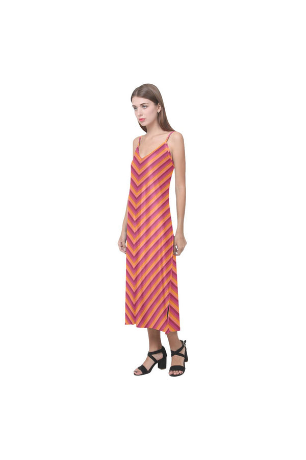 Coral Orange Baby Stripes V-Neck Open Fork Long Dress(Model D18) - Objet D'Art