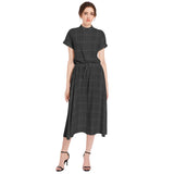 Midnight Grid Drawstring Waist A-line Flared Midi Dress - Objet D'Art