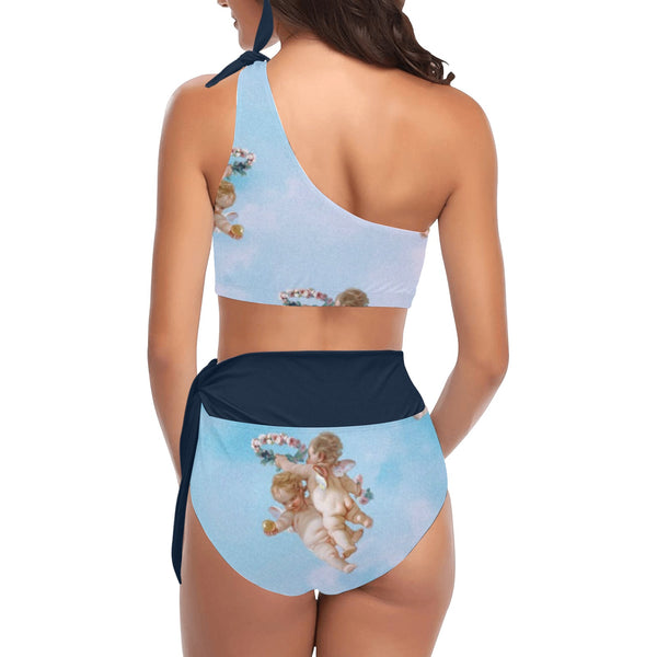 navy blue 2 print 4 High Waisted One Shoulder Bikini Set (Model S16) - Objet D'Art