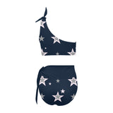 navy blue 2 print 4 High Waisted One Shoulder Bikini Set (Model S16) - Objet D'Art