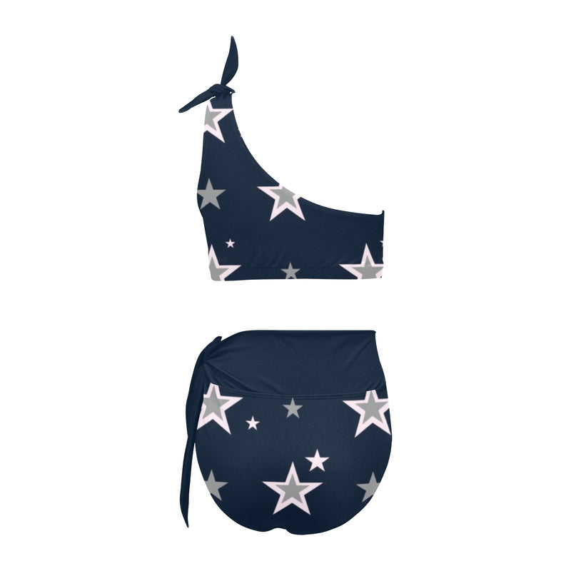 navy blue 2 print 4 High Waisted One Shoulder Bikini Set (Model S16) - Objet D'Art